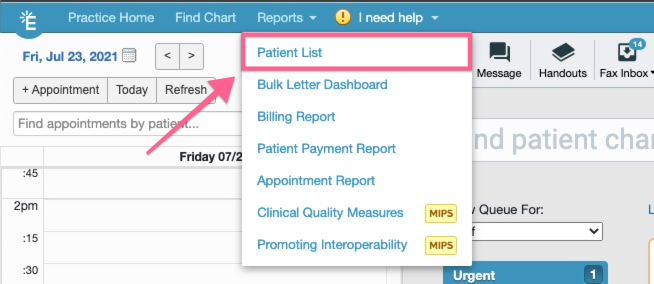 Screengrab showing Patient list option from drop down