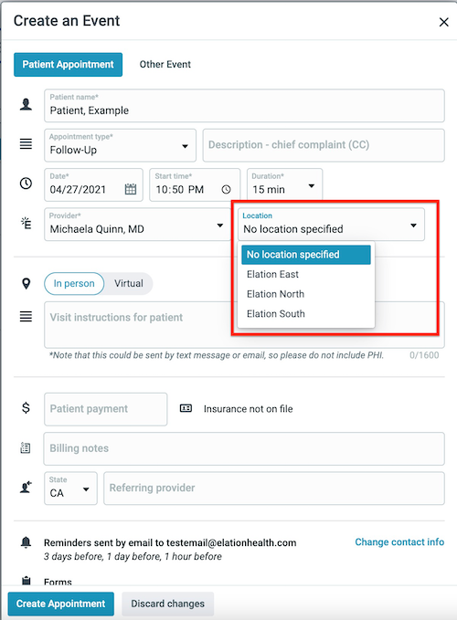 screengrab showing practice location dropdown when scheduling a visit