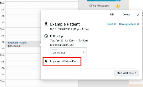 screengrab showing location indicated on schedule calendar