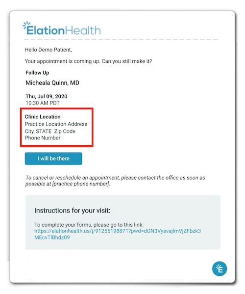 screengrab showing location address on patient appointment reminder