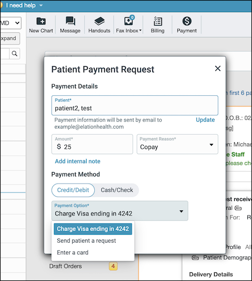 screengrab showing menu for sending a payment request