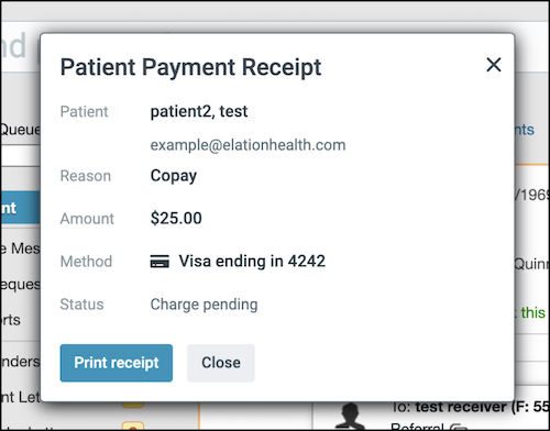 screengrab showing patient payment receipt menu