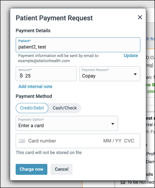 screengrab showing patient payment request menu when entering a credit card